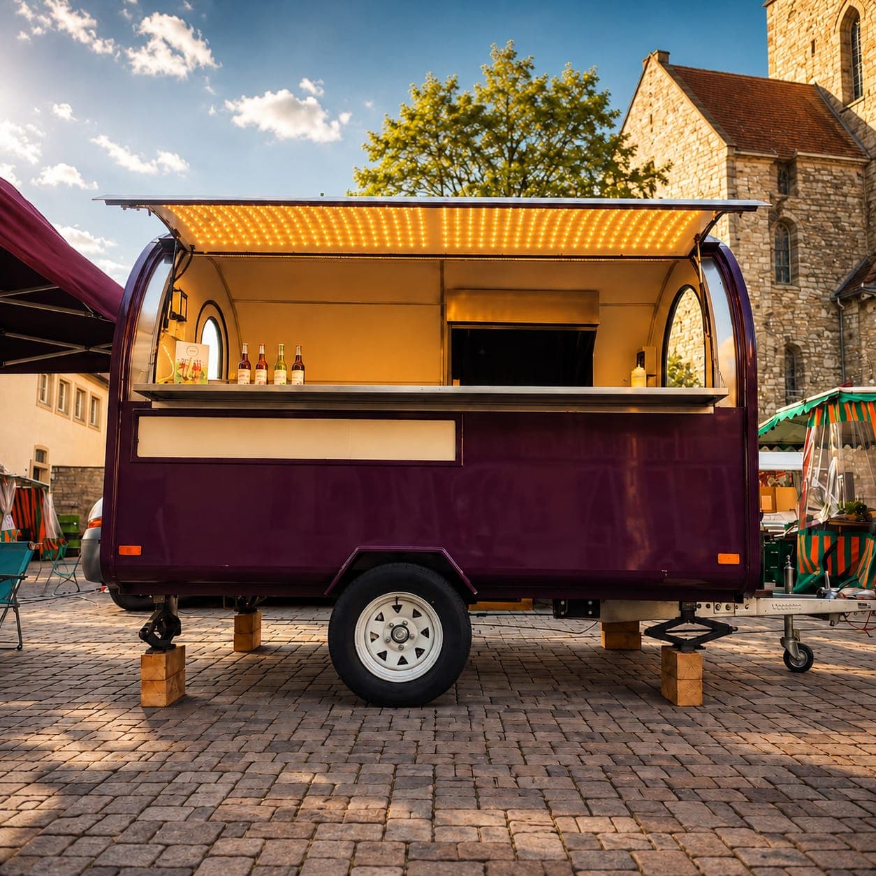 Der violette Babashrooms-Foodtruck auf einem Marktplatz
